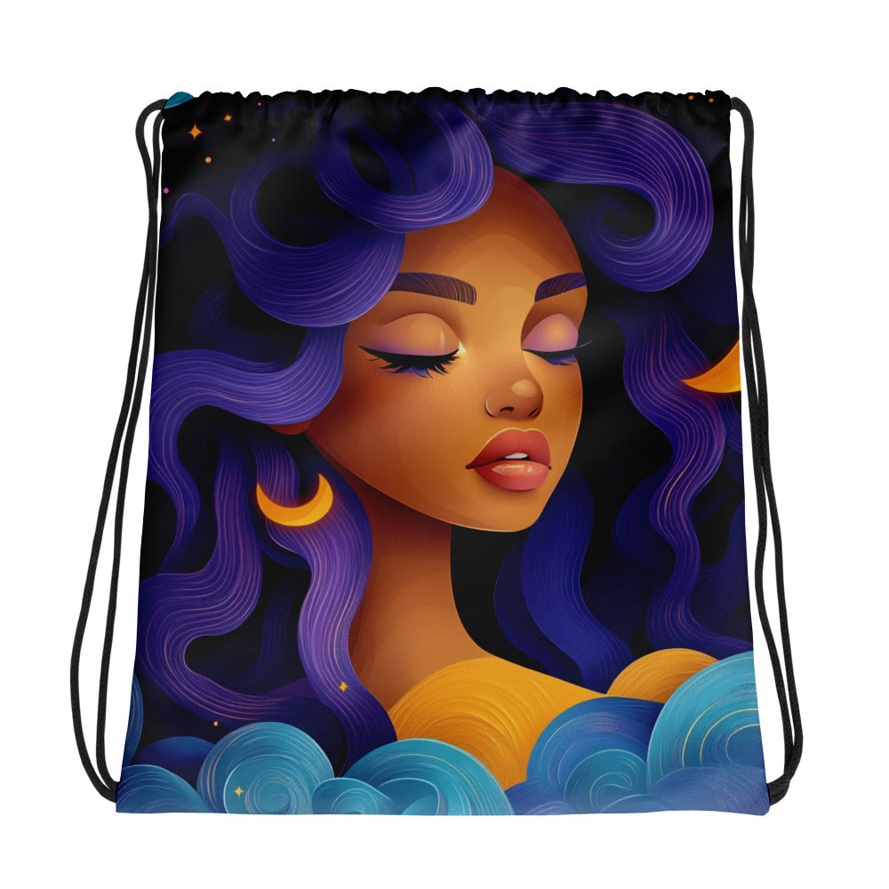 Fantasy black art tote bag featuring African American woman on blue starry background