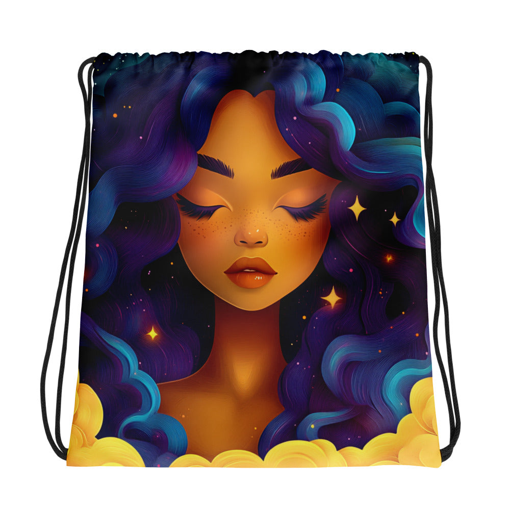 Fantasy black art tote bag featuring African American woman on blue starry background