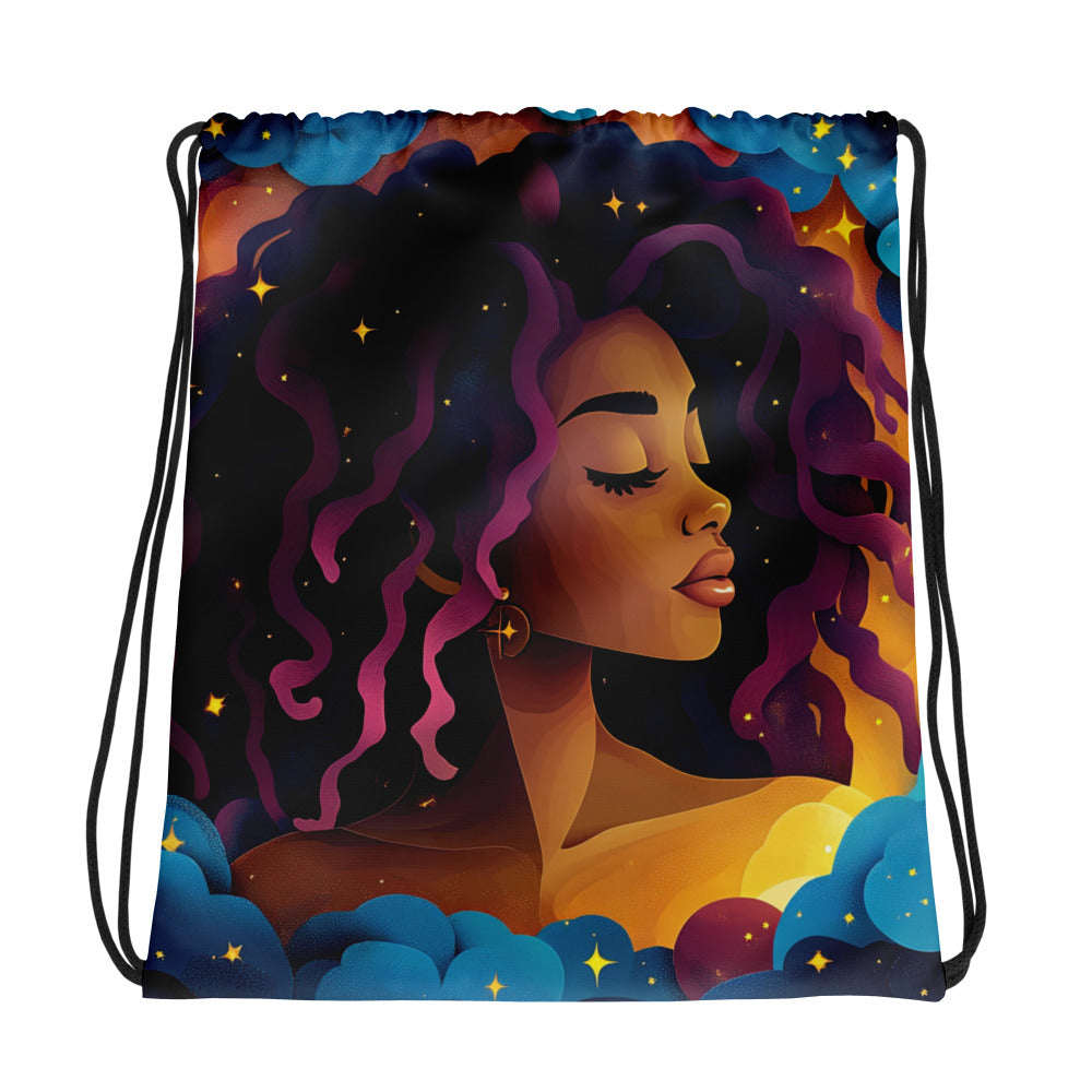 Fantasy black art tote bag featuring African American woman on blue starry background
