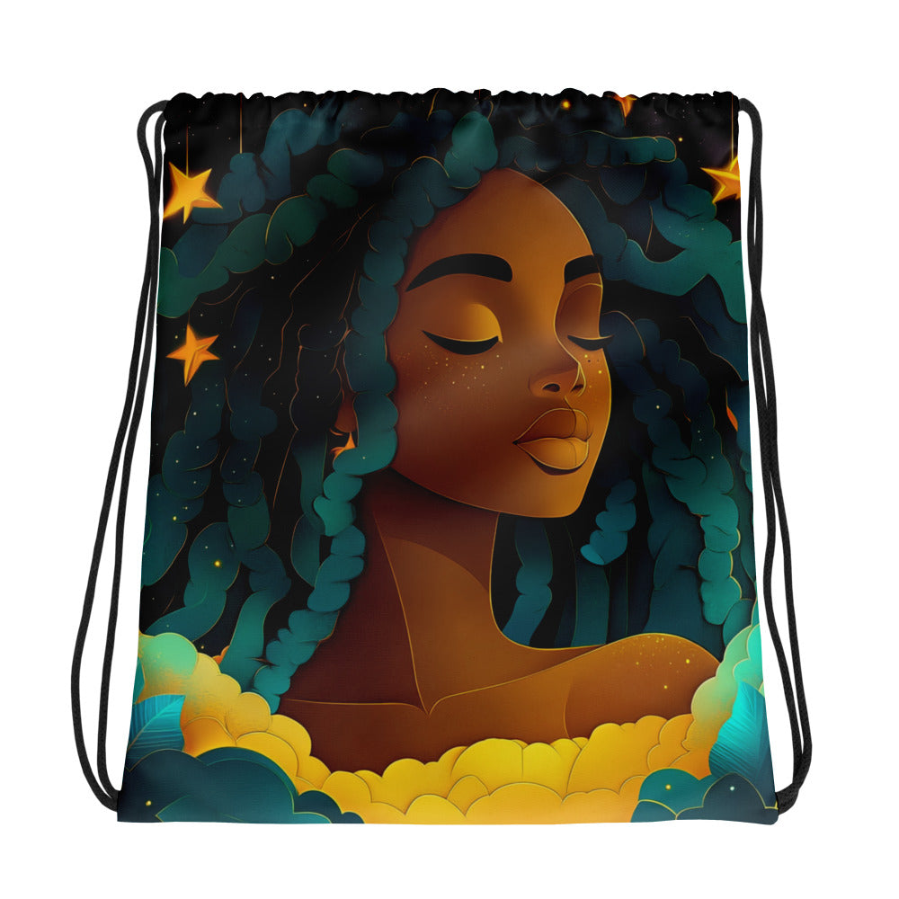 Fantasy black art tote bag featuring African American woman on blue starry background