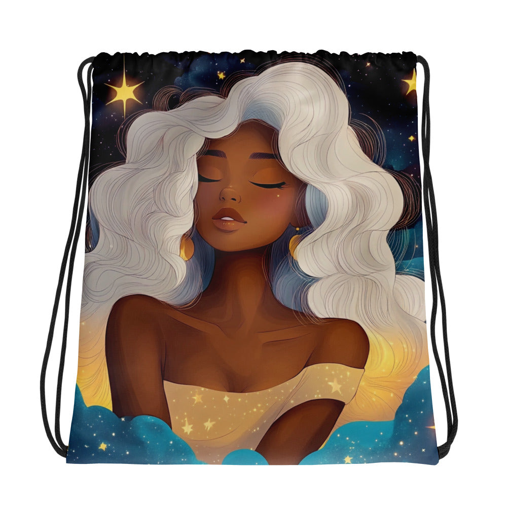 Fantasy black art tote bag featuring African American woman on blue starry background