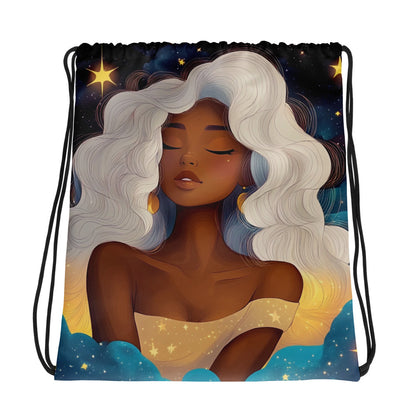 Fantasy black art tote bag featuring African American woman on blue starry background
