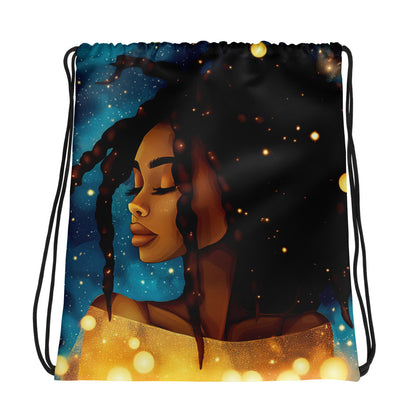 Fantasy black art tote bag featuring African American woman on blue starry background