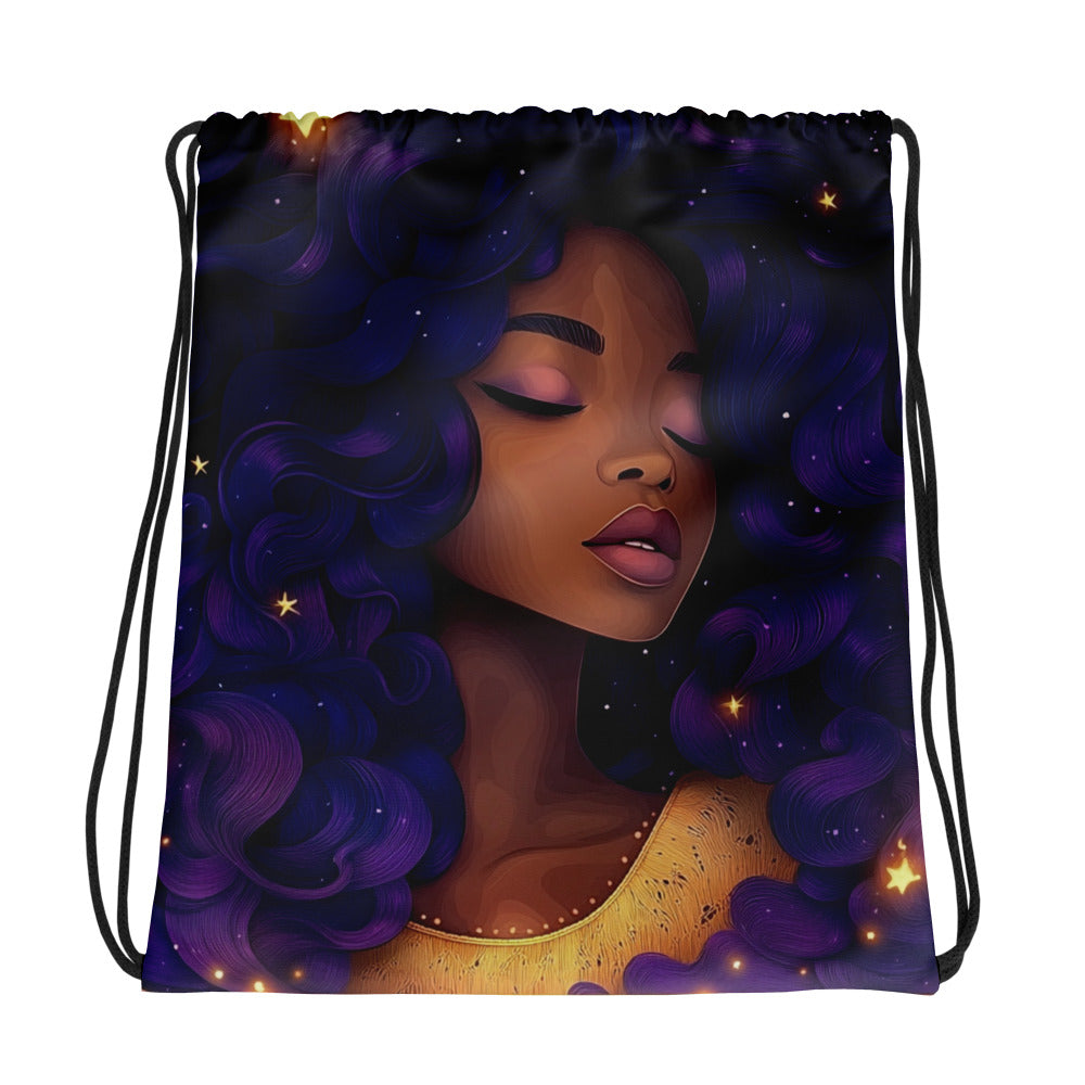 Fantasy black art tote bag featuring African American woman on blue starry background