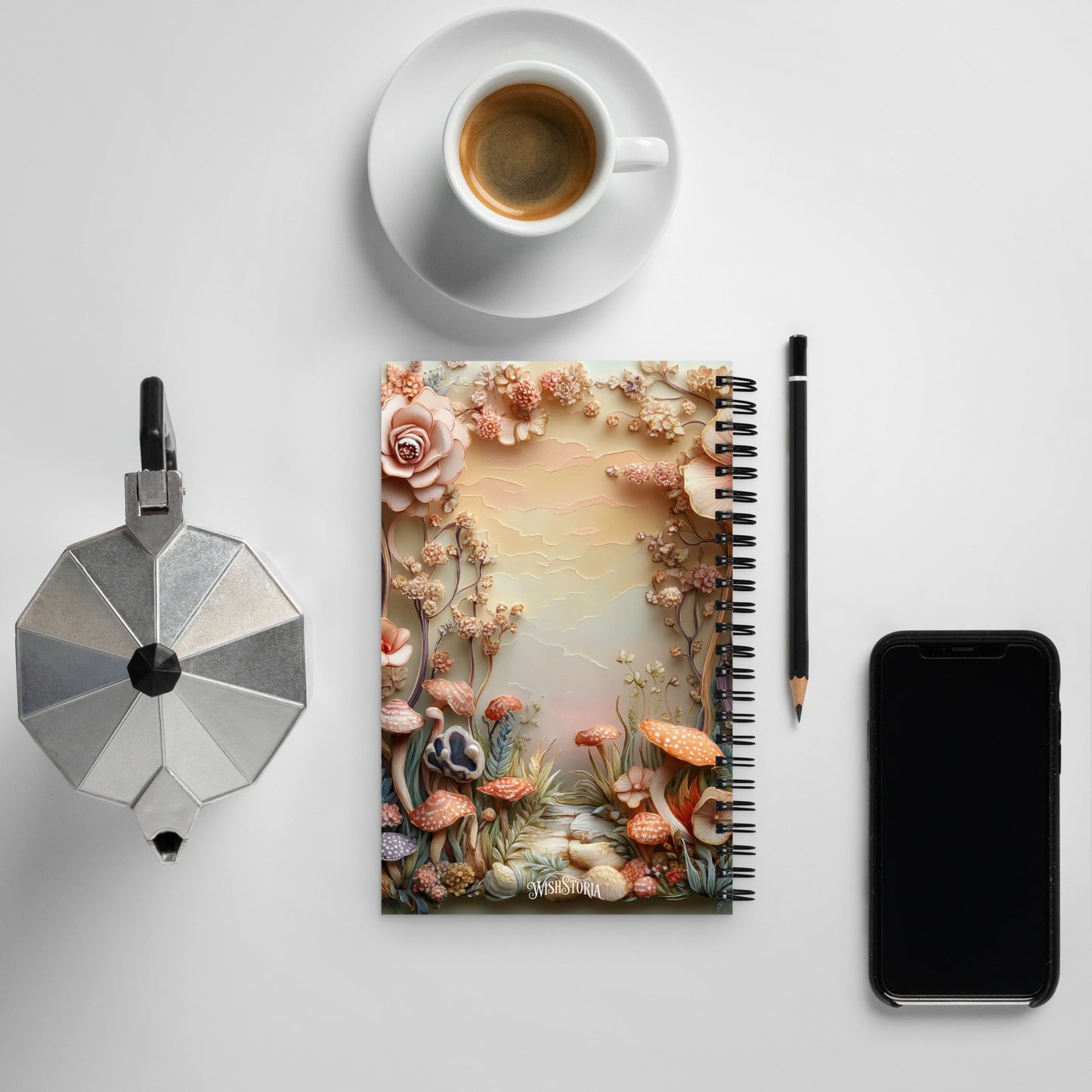 Top back view of a notebook with a magical mushroom border.