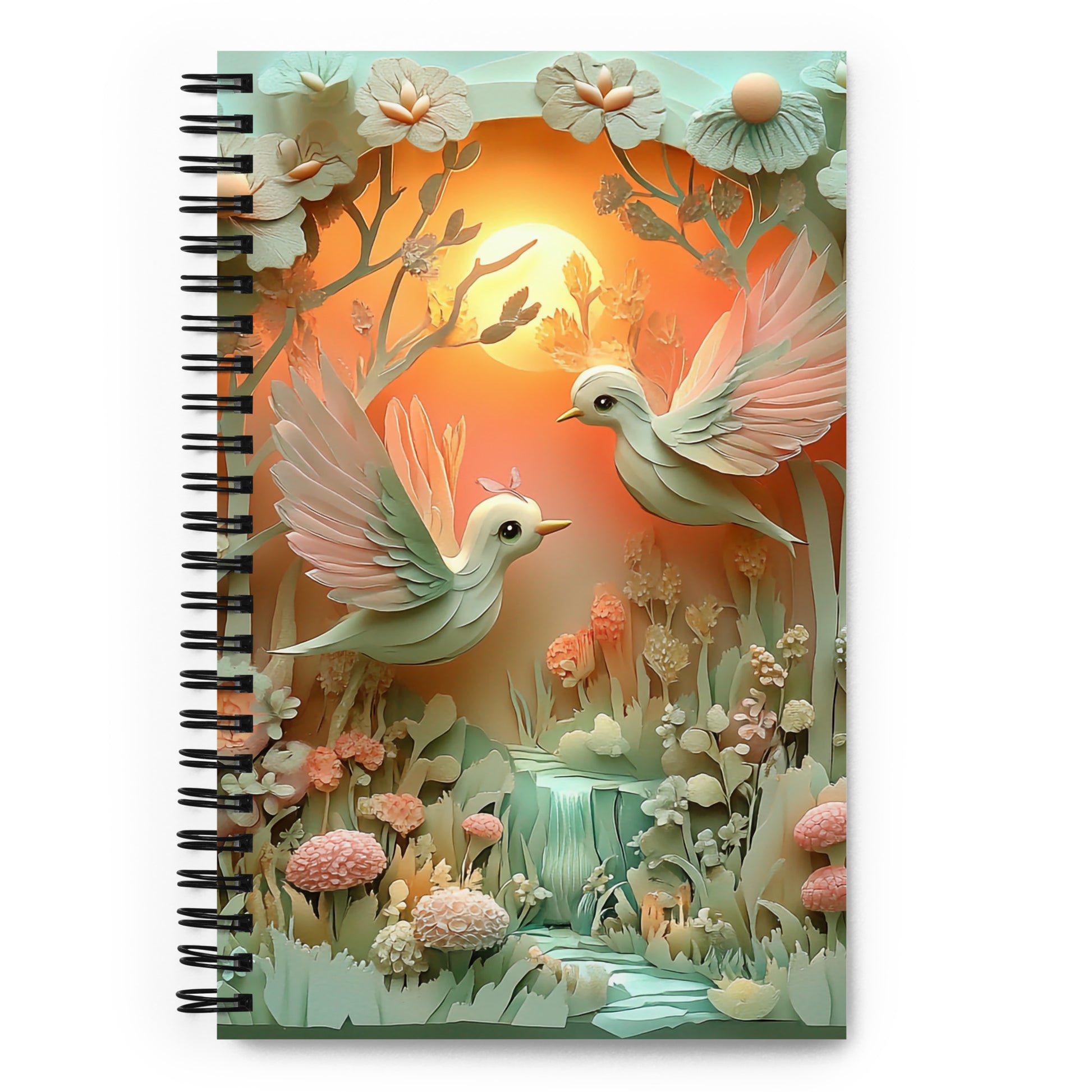 A spiral notebook of two love birds.