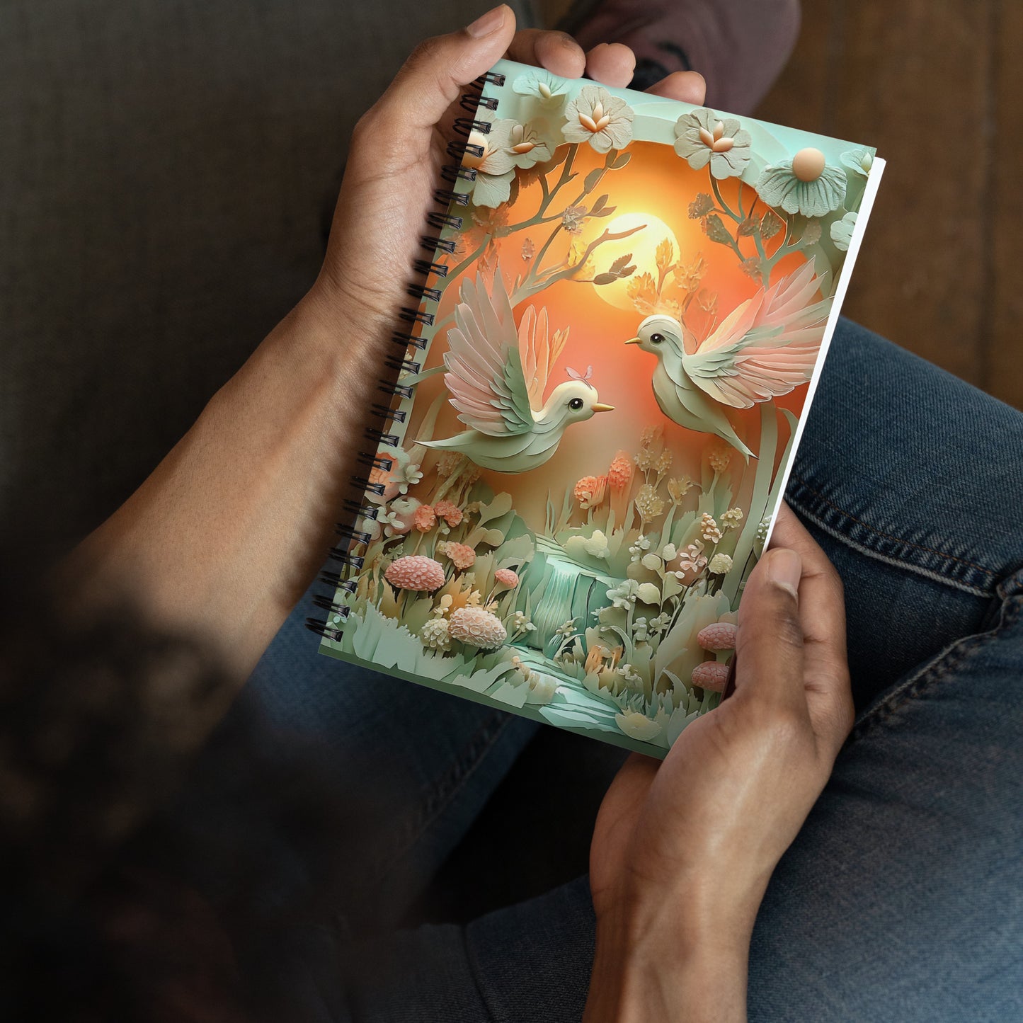 Handheld perspective view of a notebook of two love birds.