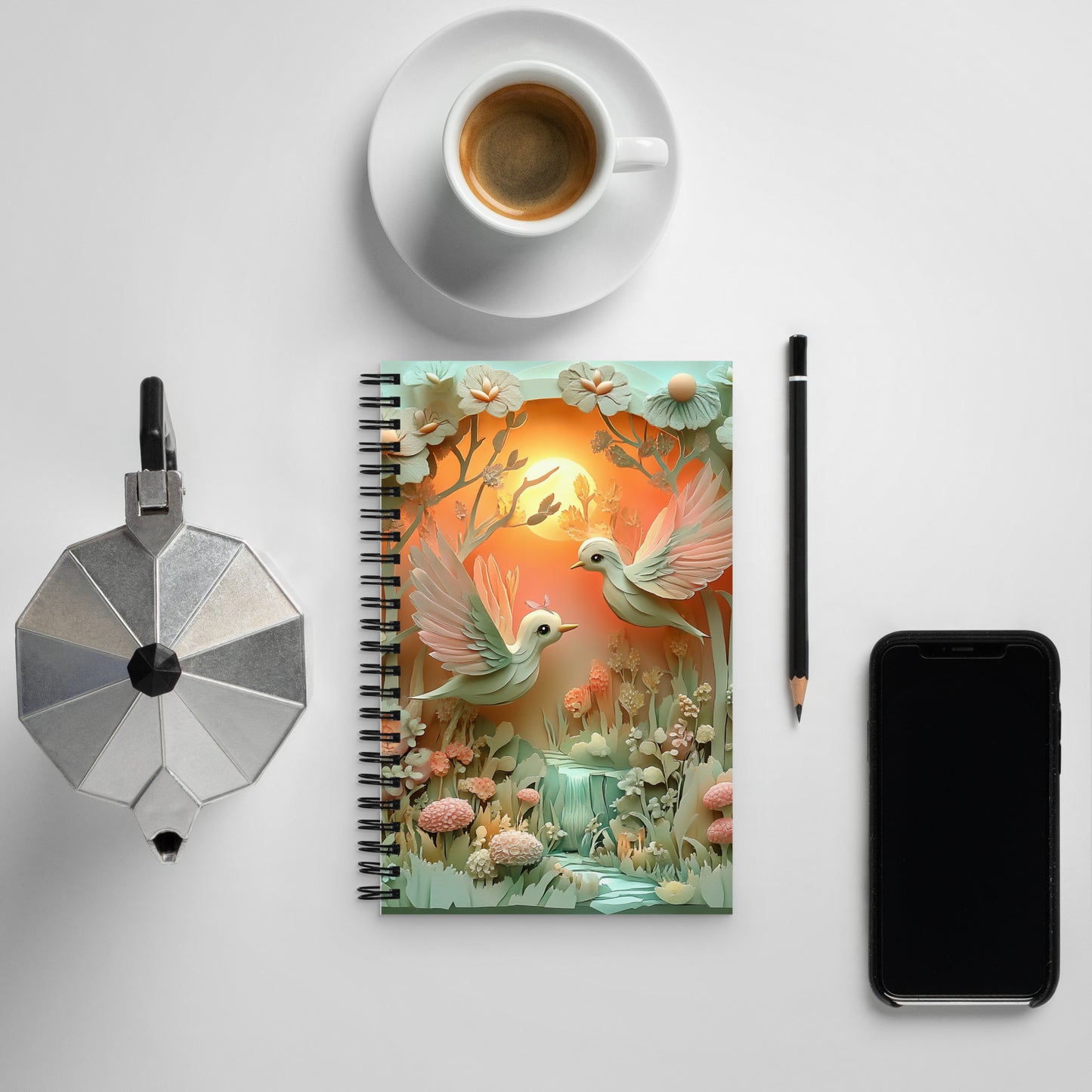 Top front view of a notebook of two love birds.