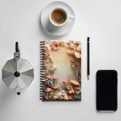 Top front view of a notebook with a magical mushroom border.
